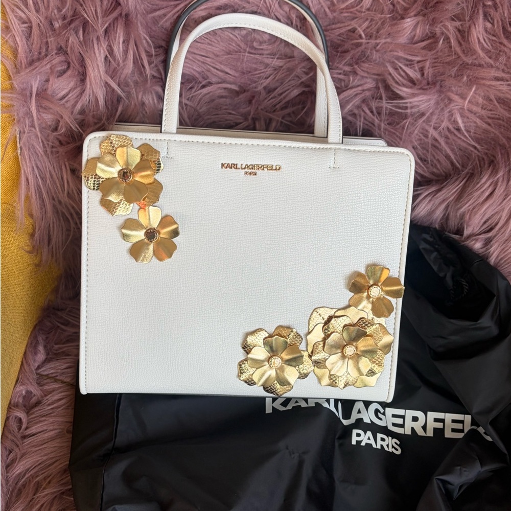 Karl Lagerfeld White Satchel with Gold Floral Design